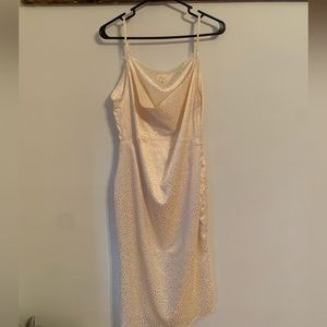 Off white silk dress, draped neck. Size M. Mid calf length.